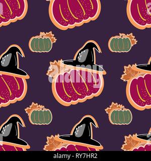 Halloween nahtlose Muster Hintergrund mit Kürbis, Fledermaus, Lutscher, Geist. Hand Zeichnungselemente Stock Vektor
