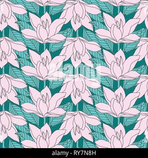 Pink Magnolia Strichzeichnung Blume nahtlose Muster. Einzigartiges Design Tapeten Stock Vektor