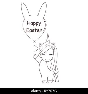 Cute cartoon Schwarz und Weiß vektor Einhorn mit Ballon mit Frohe Ostern text Illustration für die Einfärbung von Kunst Stock Vektor