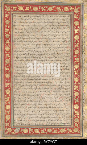 Eine beleuchtete Folio aus dem Königlichen Manuskript der Farhang - ich Jahangiri (verso), 1607-1608. Indien, Mughal, Anfang des 17. Jahrhunderts. Tinte, opak Aquarell und Gold auf Papier (roter Rand); Seite: 33,7 x 21,9 cm (13 1/4 x 8 5/8 in.); Text Feld: 21,2 x 11 cm (8 3/8 x 4 5/16 Zoll Stockfoto