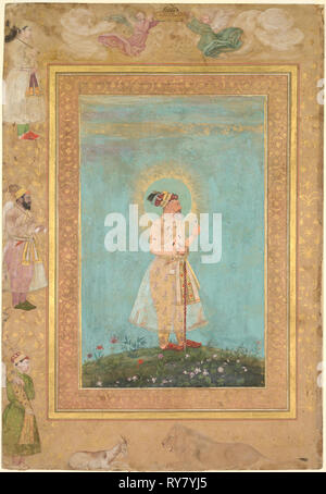 Shah Jahan Holding ein spinell und eine lange Deccan Schwert, aus dem späten Shah Jahan Album, C. 1650. Indien, Mughal, aus dem 17. Jahrhundert. Opak Aquarell und Gold auf Papier; Seite: 36,7 x 25,4 cm (14 5/6 x 10 in Stockfoto