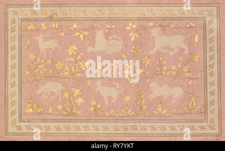 Stenciled Szenen von Löwen und Gazellen, C. 1710. Indien, Mughal, Anfang des 18. Jahrhunderts. Tinte und Gold auf rosa-gesprenkelten Papier (verso); Seite: 43 x 28,9 cm (16 15/16 x 11 3/8 in Stockfoto