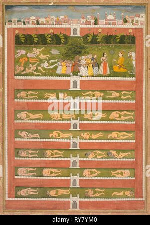 Eine Prinzessin und Dämonen, bevor ein Edelmann: ein Blatt aus einem poetischen Romantik im Zusammenhang mit Shah Alam I (recto); Stenciled Szenen von Löwen und Gazellen (verso), C. 1710. Indien, Mughal, Anfang des 18. Jahrhunderts. Opak Aquarell auf Papier mit Gold (recto); Tinte und Gold auf rosa-gesprenkelten Papier (verso); Seite: 43 x 28,9 cm (16 15/16 x 11 3/8 in Stockfoto