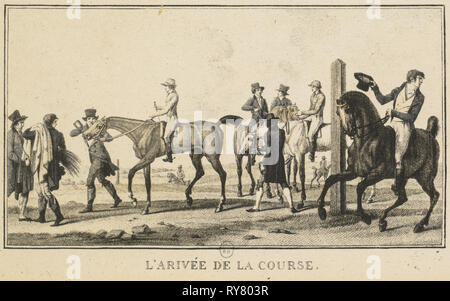 L'arrivee de la Course, Les Jockeys Montes, La Kurs: Racing Szenen: Ein Pferd bei der Ankunft im Rennen (scènes Hippiques: Cheval arrivant de la Chasse). Carle Vernet (Frankreich, 1758-1836), Jazet und Aumont. Lithographie; Blatt: 9,1 x 14,1 cm (3 9/16 x 5 9/16 in.); Bild: 6,6 x 10,9 cm (2 5/8 x 4 5/16 Zoll Stockfoto