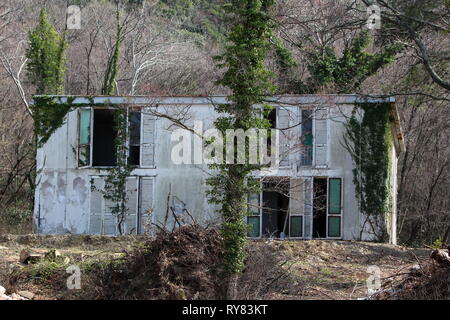Alte kleine Hotelgebäude mit Fassade Risse und defekte Fenster mit hohen Bäumen und dichtem teilweise getrocknet Wald Vegetation abgebrochen Stockfoto
