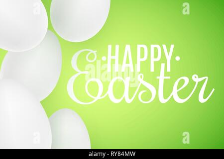 Realistische Ostern weiß 3D-Eier auf grünem Hintergrund. Schriftzug Text. Eier verstreut. Abdeckung für Frohe Ostern. Festliche Web Banner. Vector Illustration. E Stock Vektor