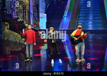 Neapel, Italien. 11 Mär, 2019. Radio Rakete während der zweiten Episode der Show 'Made in den Sud" auf Rai 2 Live aus dem Auditorium Rai von Napoli. Credit: Paola Visone/Pacific Press/Alamy leben Nachrichten Stockfoto