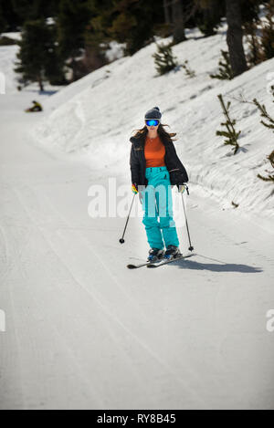 Frau Skifahren auf schneebedeckten Feld im Wald Stockfoto