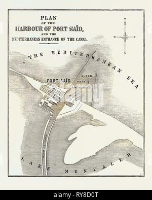 Den Isthmus von Suez Canal maritime: Plan auf den Hafen von Port Said und das Mittelmeer Eingang des Kanals 1869 Stockfoto