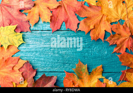 Foto von Herbstlaub auf blauen Tabelle Stockfoto