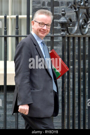 Michael Gove MP (Con: Surrey Heath - Staatssekretär für Umwelt, Ernährung und Angelegenheiten des ländlichen Raums) in Downing Street, 11. März 2019 Stockfoto