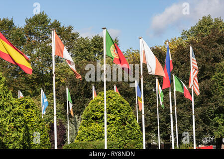 Verschiedene bunte Nationalflaggen auf weißen Fahnenmasten, York, North Yorkshire, England, Großbritannien. Stockfoto