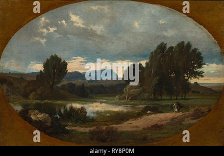 Landschaft mit Reiter auf einem weißen Pferd, 1846. Jean Achille Benouville (Französisch, 1815-1891). Öl auf Leinwand; ungerahmt: 35,5 x 53,3 cm (14 x 21 in Stockfoto