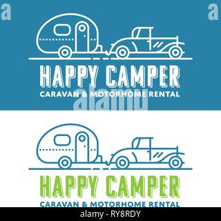 Retro caravaning Vektor logo Vorlage mit Oldtimer und Wohnwagen Stock Vektor