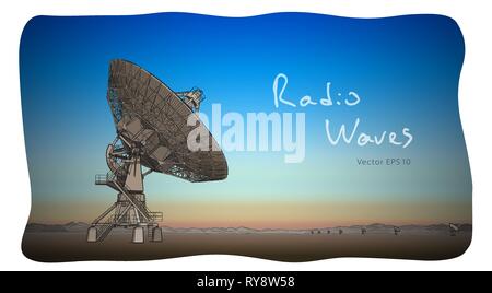 Radioteleskop Gerichte Antenne. Vektor Skizze zeichnen Stock Vektor