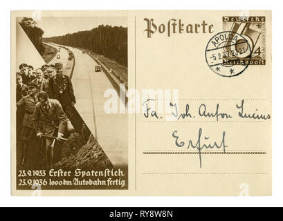 Deutsche Historische Postkarte: Hitler wirft die erste Shovelful über den Bau der Reichsautobahn, 1936, Stornierung Apolda 1937, Deutschland Stockfoto