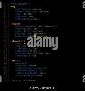 Einfache Webseite CSS-Code mit bunten Variablen im Editor Seite mit dunklem Hintergrund. CSS-Code Beispiel Vektor Illustration. Stock Vektor