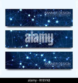 Abstrakte Moleküle Banner mit Linien, Punkte, Kreise, Polygone. Vektor Design Netzwerk kommunikation Hintergrund. Futuristische digitale Wissenschaft Stock Vektor