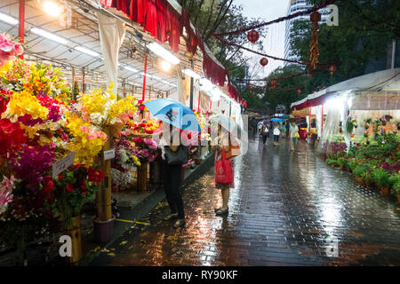 Singaporean Damen am Blumenmarkt, mit Sonnenschirmen im Regen - Albert Road - Singapur Stockfoto