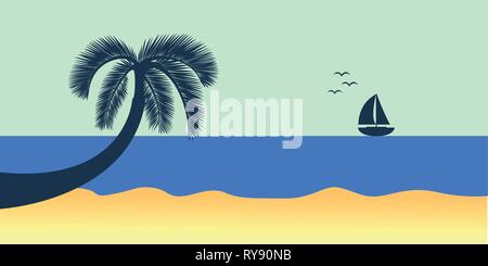 Blaue Meer mit Yacht Marine Natur Landschaft mit Segelboot und palm leaf Vector Illustration Stock Vektor