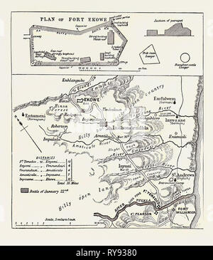 Karte von Lord Chelmsford Route zur Linderung von Ekowe und Plan der Festung 1879 Stockfoto