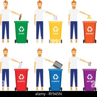 Vektor einrichten von Menschen, die sich aus Kunststoff, Metall, Papier, e-schrott, Glas, organische Abfälle zum Recycling Stock Vektor