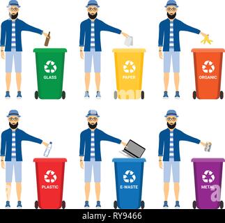 Abfall in Mülltonnen mit sortiert Müll Vector Icons. Recycling Mülltrennung Sammlung und Recycling auf weißem Hintergrund Stock Vektor