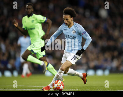 Von Manchester City Leroy Sane während der UEFA Champions League Runde 16 zweite Bein Gleiches an Etihad Stadium, Manchester. Stockfoto