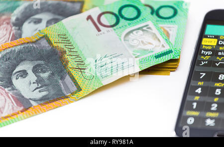 Australian Dollar Währung und Rechner Geld Konzept Stockfoto