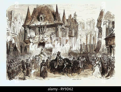 Theater de la Porte Saint-Martin. Paris. Eintrag von Karl VII. Dekoration von MM. Cambon und Thierry. Frankreich. Gravur von 1855 Stockfoto