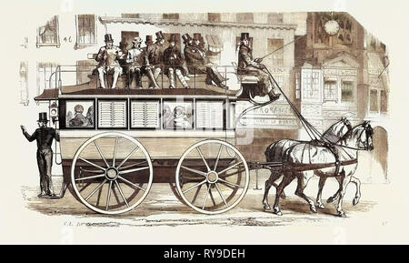Modell der neuen Bus Unternehmen von der City von London angenommen. Äußere Höhe. 1855, UK. Gravur Stockfoto