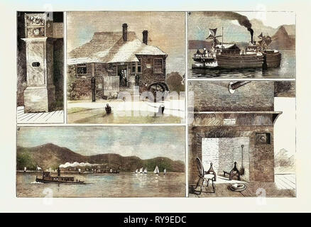 Fluss Hudson, I. Washington's Hauptquartier bei Newburg. 2. Washingtons. 3. Küche in Washington's Hauptquartier. 4. Eine Abschleppöse am Fluss. 5. Piermont, der Ort, an dem die Ausführung der wichtigsten Andre., Gravur 1884, US, USA, Amerika, Usa Stockfoto