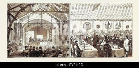Barrow-in-Furness: seine Geschichte und seine Industrien, Konferenz der Eisen- und Stahlindustrie Institut: Bild links: Konferenz der Eisen- und Stahlindustrie Institut im Rathaus, Bild rechts: Das Bankett, September 12, 1874, UK Stockfoto