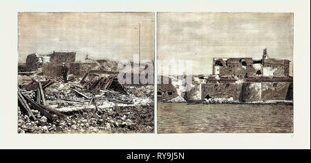 Der Krieg in Ägypten, die Auswirkungen der Bombardierung: die Alexandria Festungen: Die Ruinen von Fort Mex (Links), Fort Pharos (rechts Stockfoto