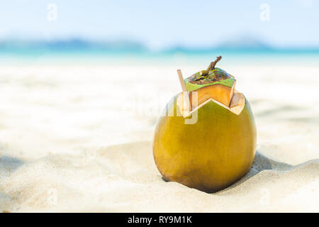 Frische junge Kokosnuss liegen auf dem Sand strand Hintergrund mit Stroh fertig zum Trinken. Stockfoto