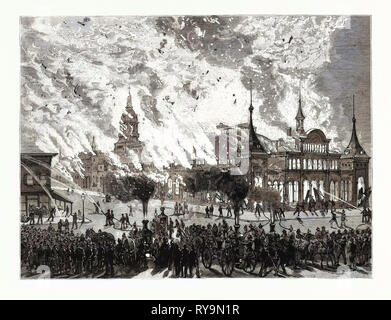New York: Zerstörung durch Feuer des Manhattan Market Gebäude. Usa, Gravur 1880 1881 Stockfoto