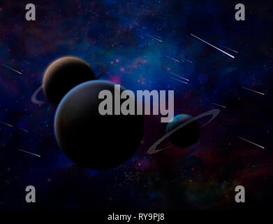 Exosolar Planeten und Meteoriten. 3D-Rendering. Stockfoto