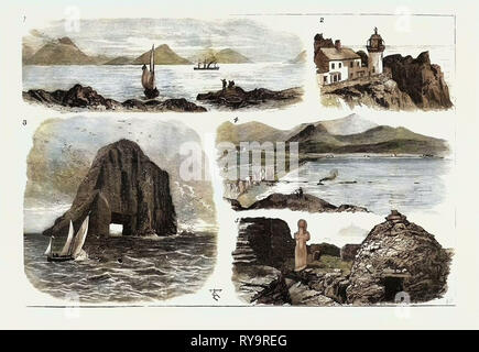 I. Die Faraday Eingabe Ballinskelligs Bay 2. Untere Leuchtturm auf dem Great Skellig 3. Der Bulle Rock Dursey Head, wo der neue Leuchtturm Gebaut 4. Landung am Ufer Ende des Kabels durch Boote und Flöße 5. Bienenstock Zellen auf Great Skellig. Die Bennett atlantischen Kabel, in Ballingskelligs Bay, Irland, Gravur 1884 Stockfoto
