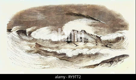 Wrack der 'Mary Grau, und auf der Grundlage der Longsear Felsen, Seaton Carew, Durham, Feuern Carte-Rakete, Großbritannien Stockfoto