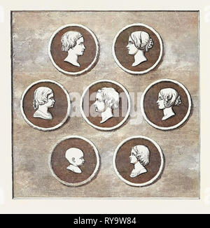 Porträts der königlichen Kinder, auf Befehl ihrer Majestät, königliche Münzstätte: 1 modelliert. Victoria Adelaide Mary Louisa, geboren am 21. November 1840, Princess Royal. 2. Albert Edward, Prinz von Wales, geboren am 9. November 1841. 3. Alice Maud Maria, geboren am 25. April 1843. 4. Alfred Ernest Albert, geboren am 6. August 1844. 5. Helena Augusta Victoria, geb. 25. Mai 1846. 6. Louisa Caroline Alberta, geboren am 18. März 1848. 7. Arthur William Patrick Albert, geboren am 1. Mai 1850 Stockfoto
