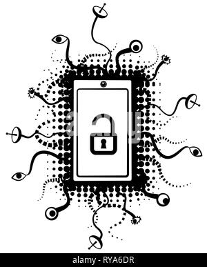 Smart phone Überwachung abstrakte Symbol stencil Design in Schwarz, Vector Illustration, vertikal, über Weiß, isoliert Stock Vektor