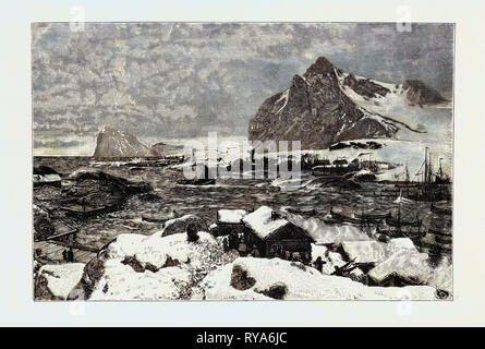 Ein Lofoten Dorf während der Fangsaison. Die Lofoten sind eine Inselgruppe und ein Bezirk in der Provinz Nordland, Norwegen Stockfoto