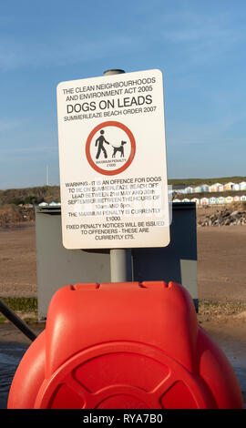 Bude, Cornwall, England, Großbritannien. März 2019. Offizielle Mitteilung zur Regel für das Halten der Hunde an der Leine auf Summerlease Strand in Bude, Großbritannien Stockfoto