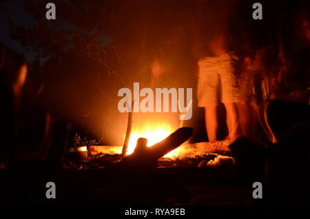 Picknick in der Nacht den Wald. Leute stehen um ein Feuer Stockfoto