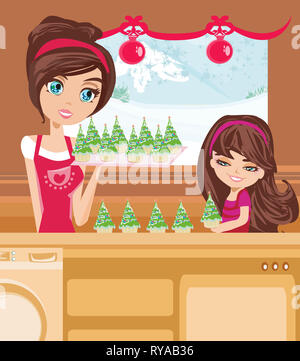 Mutter und Tochter Backen Muffins in Weihnachten Stil Stockfoto
