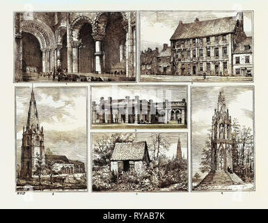 Szenen auf der Bedford und Northampton Eisenbahn, im Tal des Flusses Ouse: 1. Innenraum der Kirche St. Peter, Northampton, 2. Cowper Haus in Olney, 3. Station der Northampton und Bedford Railway in Northampton, 4. Königin Eleanor's Cross in Northampton, 5. Olney Kirche, 6. Cowper Sommer Haus in Olney Stockfoto