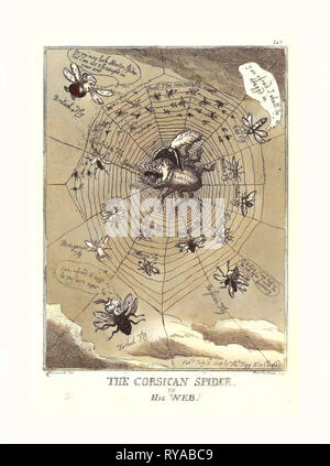 Thomas Rowlandson (British, 1756 1827), der korsischen Spinne in seinem Netz, veröffentlicht 1808, Handkoloriert Ätzen Stockfoto