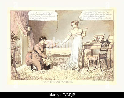 Die niederländische Apollo!, London, 1814, der Prinz von Oranien, gekleidet wie ein Holländer in (Englisch) Karikatur, Kniet mit ausgefahrenen Armen Erbitten zu Füßen der Prinzessin Charlotte. Er trägt's Apollo Kranz, verziert mit kleinen Orangen Stockfoto