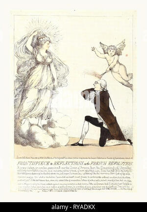 Frontispiz zu Reflexionen über die Französische Revolution, Gravur 1790, Edmund Burke auf den Knien, als wenn sie vorschlägt, eine Vision, die angezeigt wird, bevor Sie Ihn von Marie Antoinette, während ein Cherub berührt den Kopf mit einem firebrand Emitting die Funken der Romantik Stockfoto