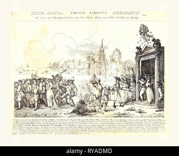 Französisch Freiheit, Nixon, John,-1818, Künstler, [1793], auf der rechten Seite Freiheit ist von Ihrem Tempel von einem Band von ruffians gebunden und die Wut dieser unwissenden Menschen geopfert werden, hin und her gerissen... Und auf der linken Seite, Künstler und Handwerker, die eine Mutter mit zwei Kindern, und andere werden angetrieben von gebootet Schläger mit Vereinen, in der Mitte ein Spinnrad Burns, ein Junge Fügt ein Buch bildende Kunst zum Feuer, und ein alter Mann bricht in der Hälfte der Mitarbeiter von Freiheit. Zusätzliche Szenen von Fröhlichkeit und Chaos im Hintergrund Stockfoto